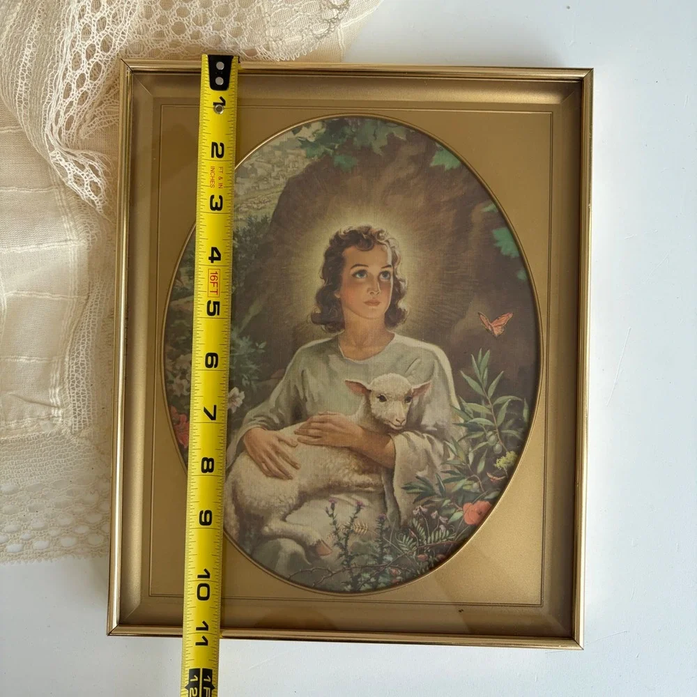 Vintage Jesus Good Shepherd Framed Lithograph Print Gold Tone Frame 8.5x10.5
